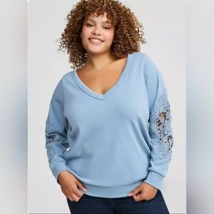 Blue V-Neck Sweater with Lace Sleeves